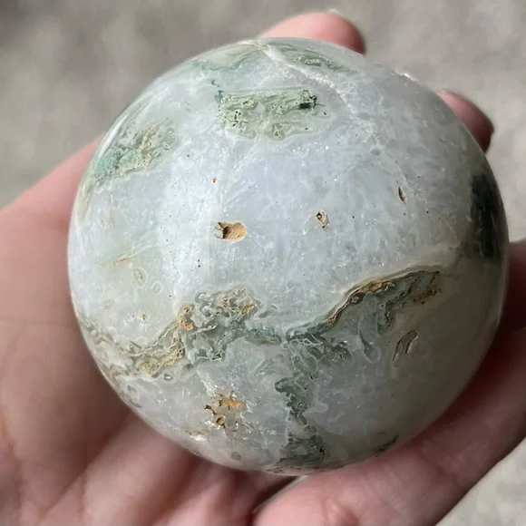 Moss Agate Sphere w/ Heart-Shaped Druzy Pocket - Picture 9 of 17